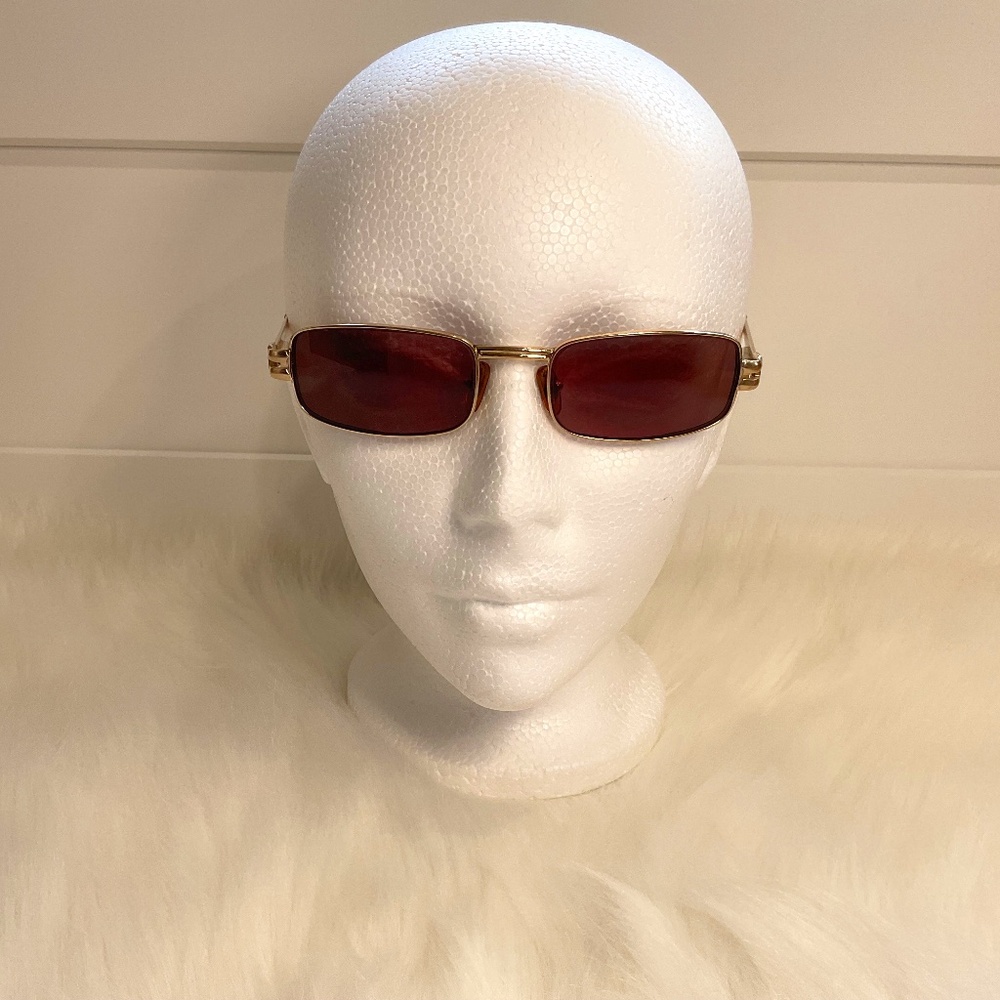 Rectangular Dark Brown Prescription Lens Sunglasses/Gold Tone Frame/Unisex/Case